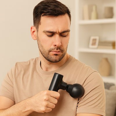 homme avec pistolet de massage sur epaule 